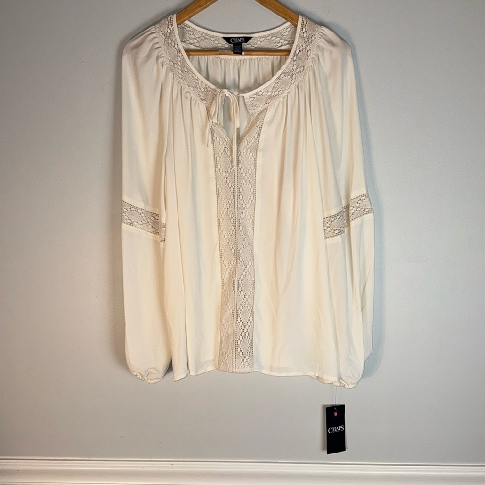 New CHAPS Cream XL Blouse Lace Accent